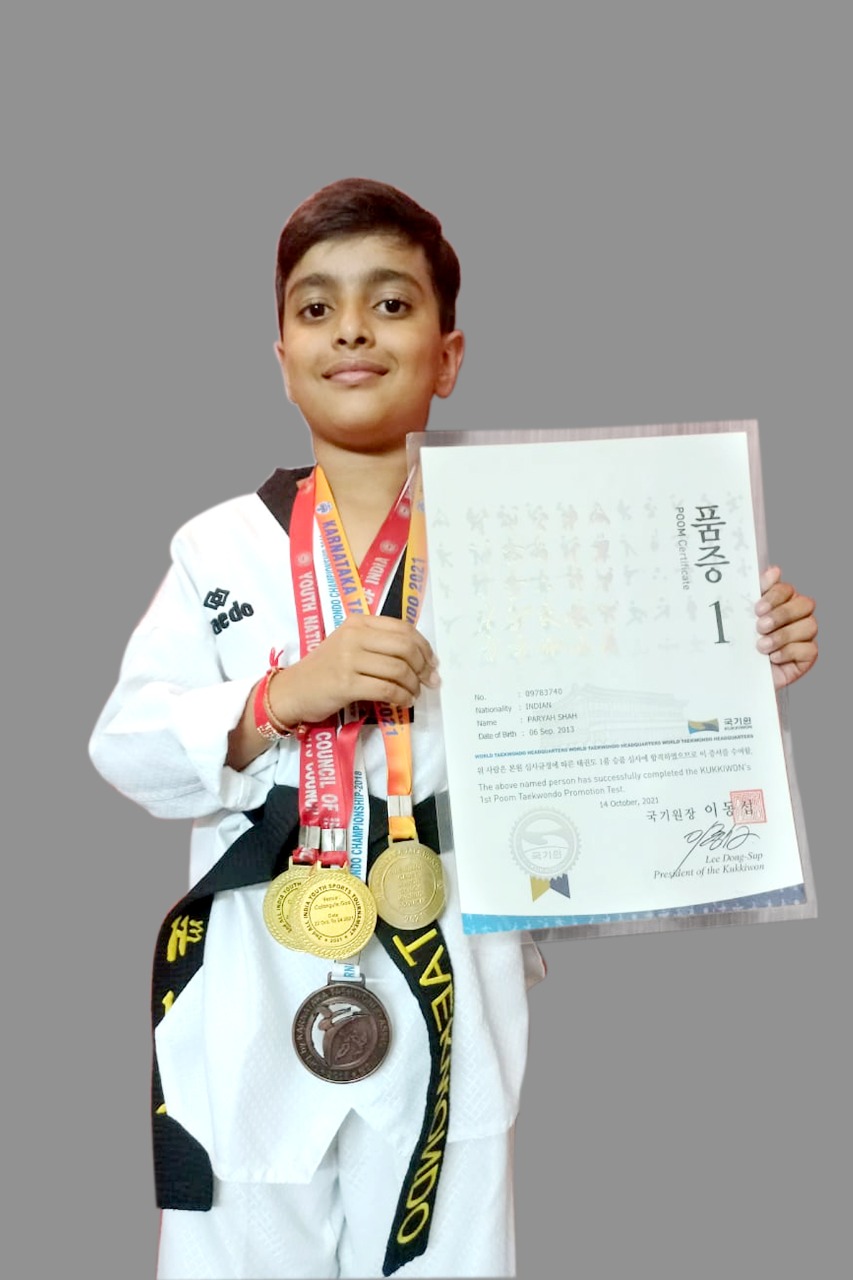<strong>Paryah K. Shah,</strong> 8 year student from Grade II is a certified <strong>BLACK BELT</strong> by World Taekwondo Federation, Kukkiwon, South Korea, 2021 October.  He has won the following medals:<ul><li>Gold Medal in Poomsae & Taekwondo – All India Youth National Sports Council tournament, Goa 2021</li><li>Gold Medal in Taekwondo – Subjunior Category, Open State Taekwondo Championship, Karnataka, 2021</li><li>Bronze Medal in Kyorugi – State Level Taekwondo Championship, Karnataka, 2019</li><li>Silver Medal in Poomsae and Kyorugi – Open State Level Championship, Karnataka, 2018.</li></ul>