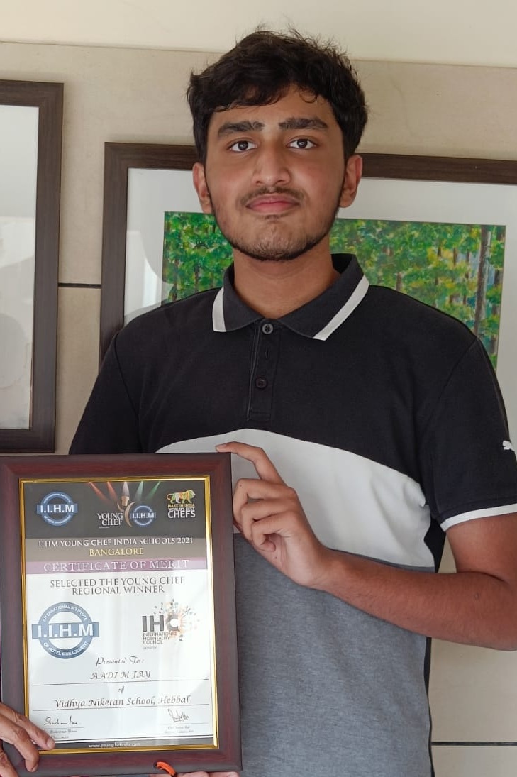 <strong>Aadi MJay</strong> of grade 10 was crowned the winner of Regional Chef, organized by I.I.H.M(Bangalore). He was awarded a cash prize of Rs.20000 for his performance. His culinary skills and dedicated passion are visible in this glorious achievement. Congratulations!
