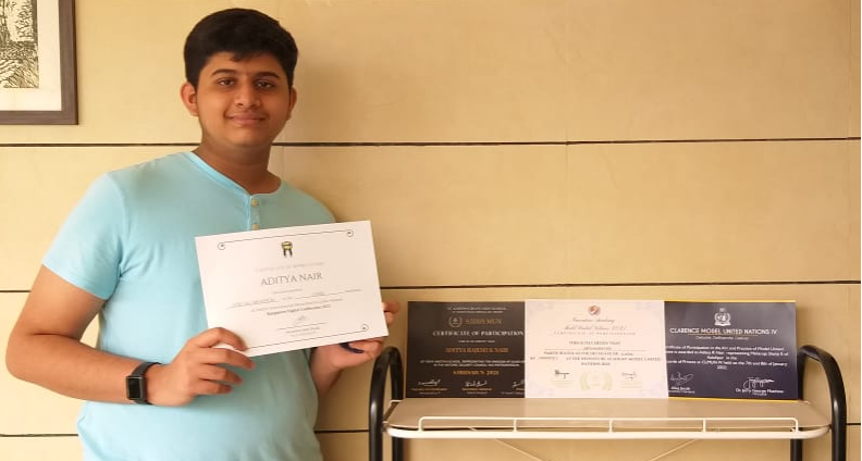<strong>Aditya Rajesh Nair</strong> of grade 9 IGCSE won special mention (3rd place) in the lndia&#39;s lnternational Movement to<br />Unite Nations (IIMUN) that took place from the 21st to 23rd of January, 2022 and 4th place in Inventure Academy<br />Model United Nations (INMUN) that took place from 17th to 19th December, 2021. He also participated in St<br />Joseph’s Boys High School Model United Nations (SJBHS MUN) as well as the 4th Clarence Model United Nations (C<br />LMUN) on the 21st to 21st to 23rd October, 2021 and on the 7th and 8th of January, 2022 respectively.
