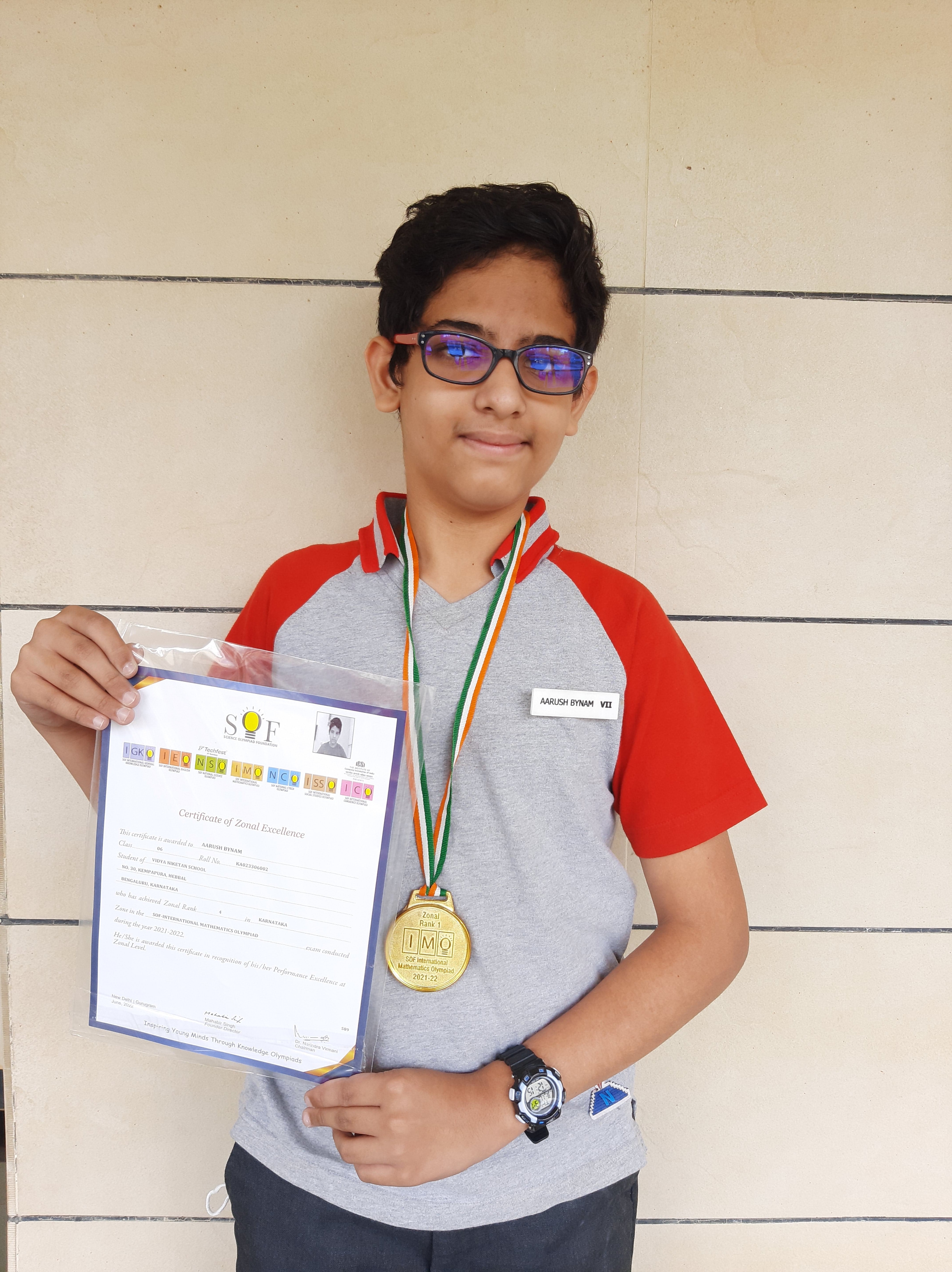 <strong>Aarush Bynam</strong> of Grade 7 secured 4<sup>th</sup> zonal rank in the International Mathematics Olympiad organized by SOF during the year 2021-22. Congratulations for this commendable performance!