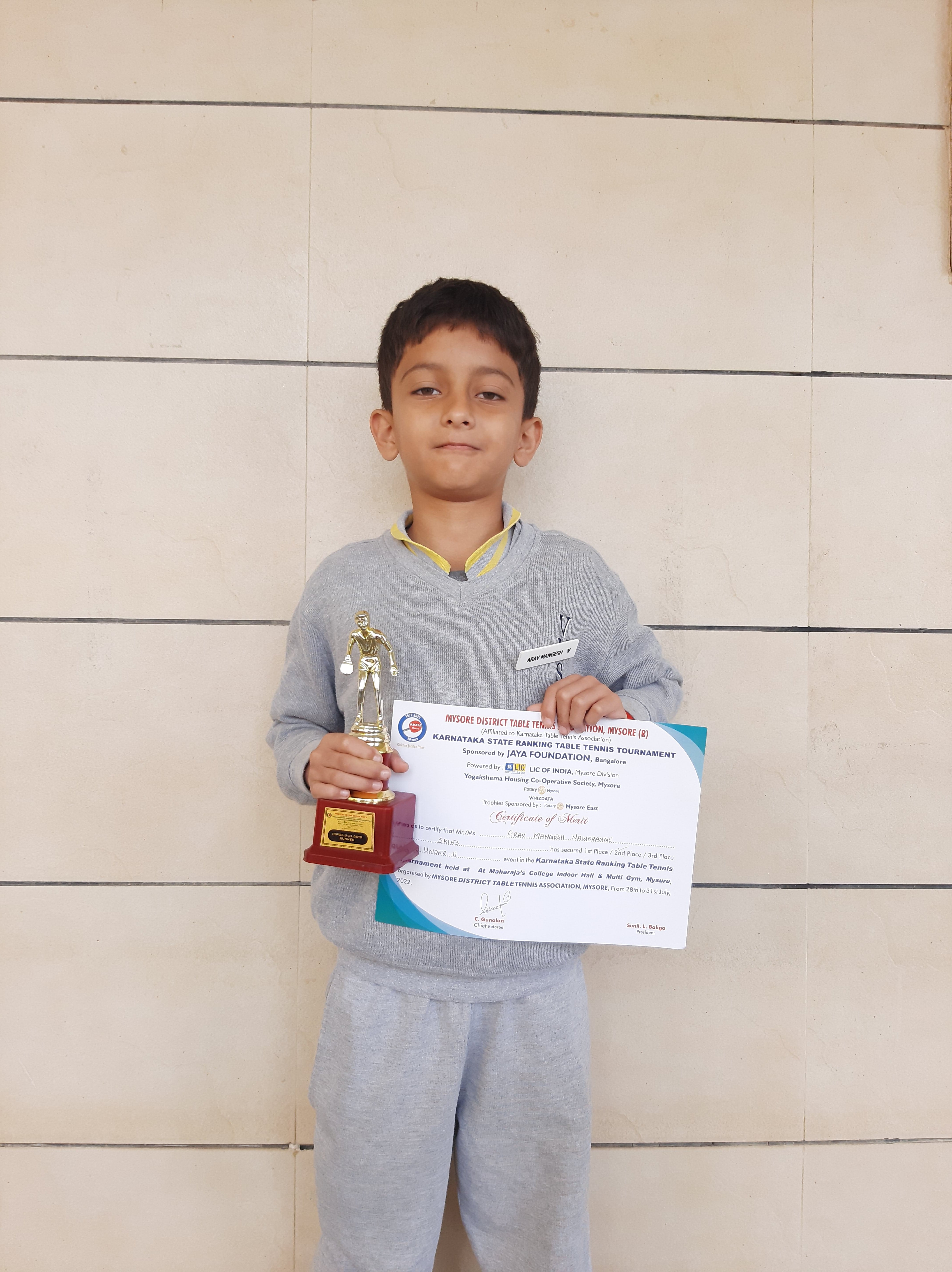 <strong>Arav Mangesh Nawarange</strong> of Grade 5 secured 2<sup>nd</sup> position in the Karnataka State Ranking Table Tennis Tournament organized by Mysore Table Tennis Association, Mysore. The event was organized between 23rd August and 25th August 2022.