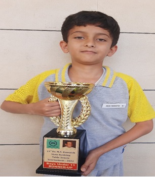 <strong>Arav Mangesh</strong> of grade 5 participated in 24<sup>th</sup> Dr. M. S. Ramaiah State Ranking Table Tennis Tournament (Under 11 boys) and was awarded the Runner-up trophy. Congratulations for this achievement!
