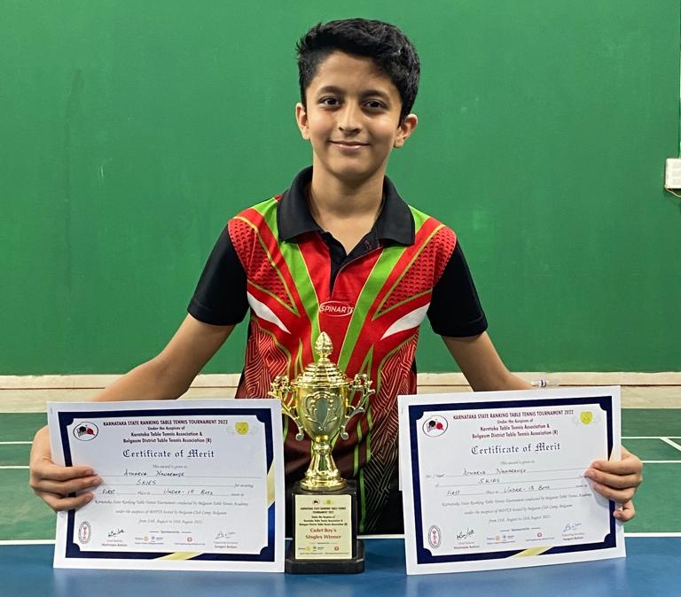 <strong>Atharva Nawarange</strong> of grade 7 participated in the Karnataka State Ranking Table Tennis Tournament organized by Belgaum District Table Tennis Association in August 2022. He was crowned U13 and U15 winner. Congratulations for this marvelous victory!