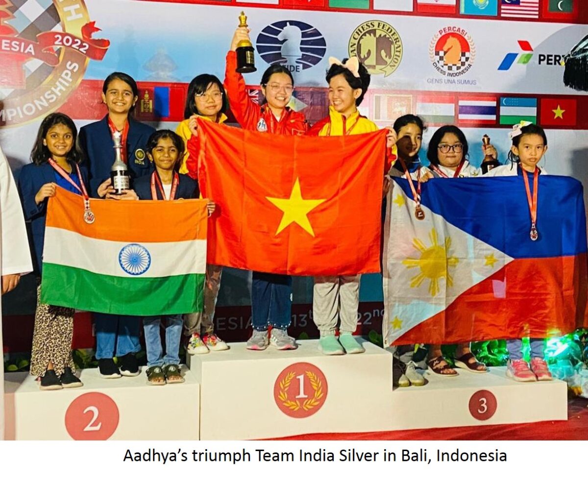 Aadhya Ranganath from fourth grade represented India in the World Under 10 Cadets Girls Chess Championships held in Batumi, Georgia from 15th September,2022 to 28th September 2022.  Her overall rating increased by 132 points. She started as the 45th seed and finished 14th.  What an exemplary display of discipline and perseverance!She was also a part of the team representing India in the Asian Youth Chess Championship in Bali, Indonesia held from October 13th to October 22<sup>nd</sup>, 2022. The team won a Silver medal in Classical Category and a Bronze medal in Blitz Category. Congratulations!